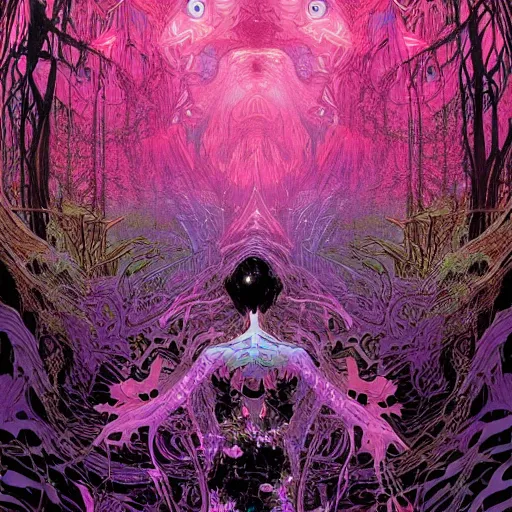 Image similar to psychedelic trippy iridescent volumetric lighting enchantingly beautiful forest with necromancer hyperrealism by victo ngai yoji shinkawa apophasis moebius 8 0 s cartoon horror art black magick voodoo shamanic satanic