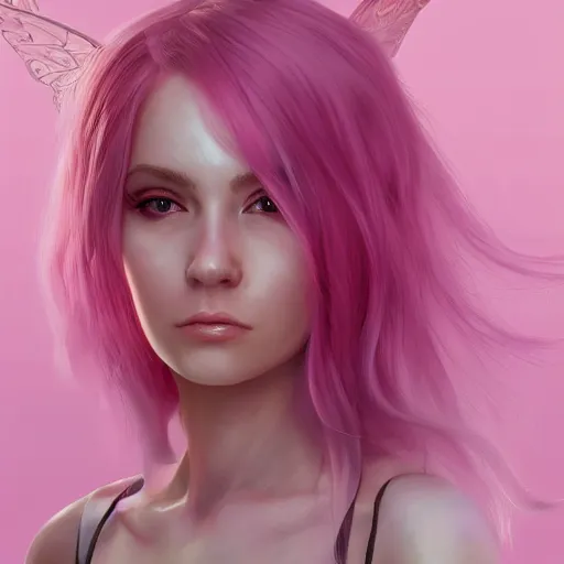 Prompt: long shot portrait of female with pink hair, fairy wings, intricate, highly detailed, digital painting, artstation, concept art, smooth, sharp focus, illustration, unreal engine 5, 8 k - n 9