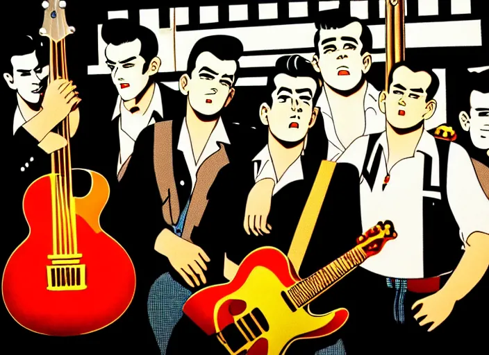 Image similar to rockabilly band 1950s, high detail, golden hour, 8K, by studio ghibli