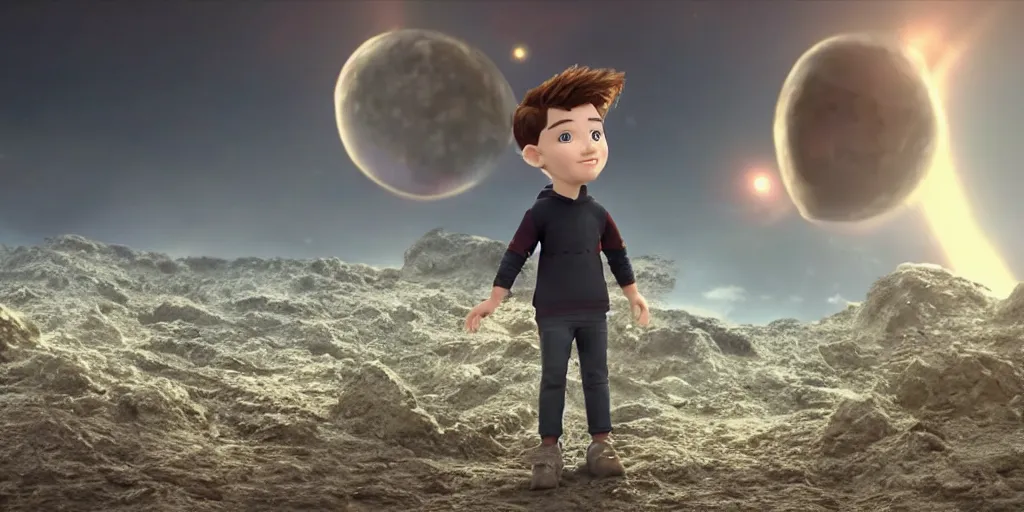 Prompt: , cgi animations render 100K of an cute 16 year old boy with brown hair that is a God he controls time on a another planet in the style of Warner Bros animations an marvel studios, made by Waya Steurbaut YT, cinematic, epic, dark, colourful, full body camera shot