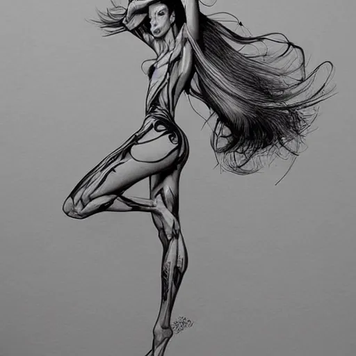 Image similar to hyperrealistic, detailed, skinny lady, gorgeous, dynamic pose, ink, line art by Kim Jung gi