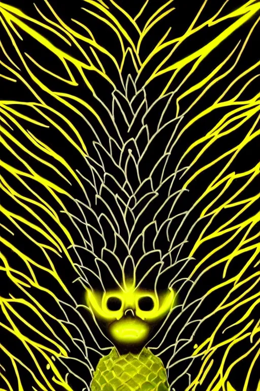 Image similar to glowing luminescent pineapple humanoid figure monster, symmetrical, highly detailed, digital art, sharp focus, trending on art station, amber eyes, autumnal colours