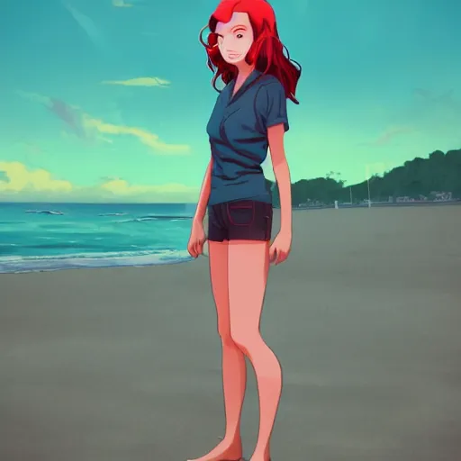 Image similar to character deisgn by lois van baarle, artgerm, helen huang, by makoto shinkai and ilya kuvshinov. cute scarlet red haired cybertronic woman, steel gray body, denim shorts, jacket, at beach at sunset, beautiful face, smile, elegant, exaggerated proportions, looking at camera