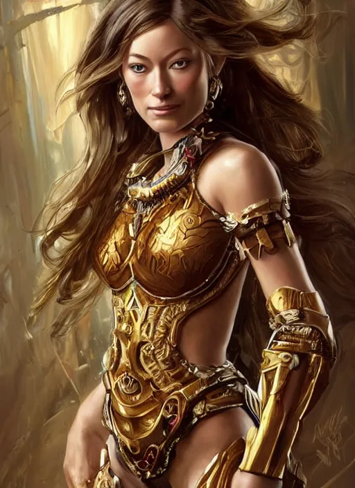 Image similar to a professional painting of a young Olivia Wilde, wearing skimpy ornate, detailed, intricate golden armor, olive skin, long dark hair, beautiful bone structure, symmetrical facial features, intricate, elegant, digital painting, concept art, smooth, nice background bokeh, illustration, from StarCraft by Ruan Jia and Mandy Jurgens and Artgerm and William-Adolphe Bouguerea