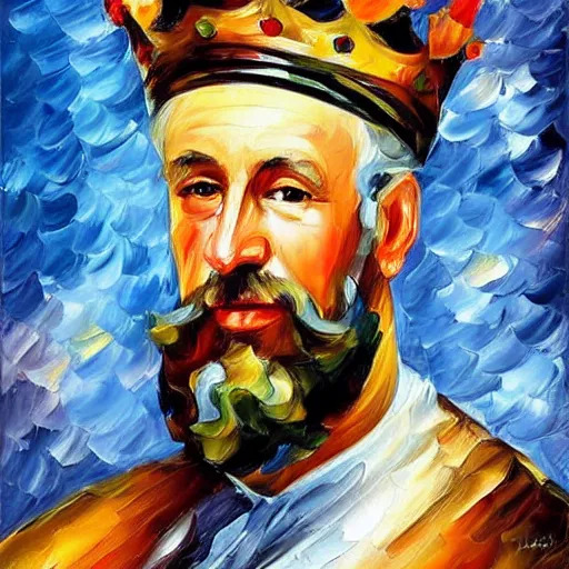 Prompt: portrait of a very very old, olive skinned king witha very long white beard and blue crown by leonid afremov