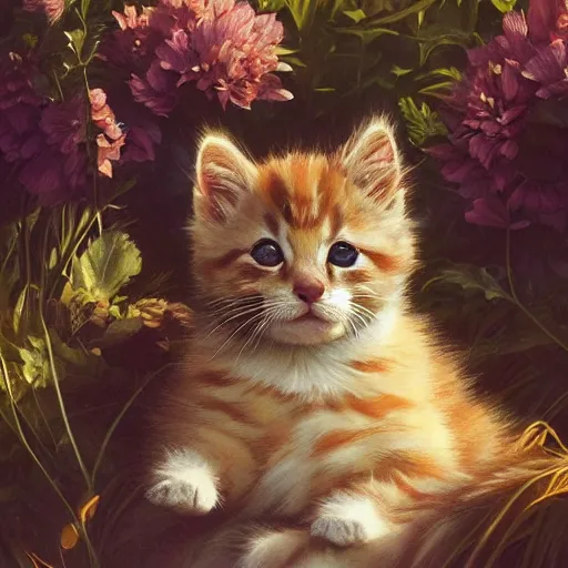 Prompt: clear portrait of kittens, adorable appearance!!!, golden hour, happy apearance, cottagecore!!, background hyper detailed, character concept, full body, dynamic pose, intricate, elegant, highly detailed, digital painting, artstation, concept art, smooth, sharp focus, illustration, art by artgerm and greg rutkowski and alphonse mucha
