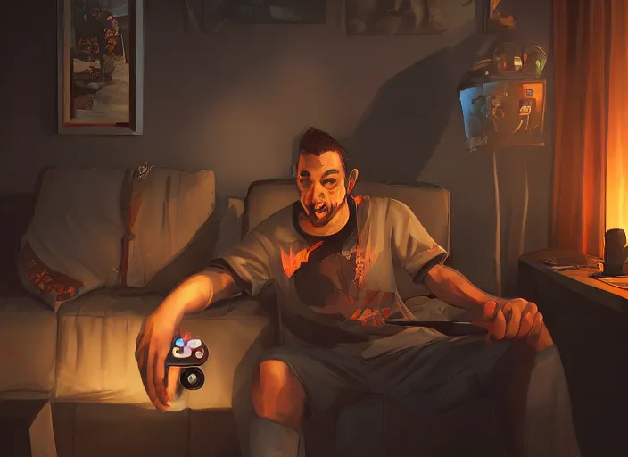 Prompt: video gamecore, gamecore, gamercore portrait of a man playin playstation on his home at night, cinematic perspective, trending in artstation, behance, deviantart