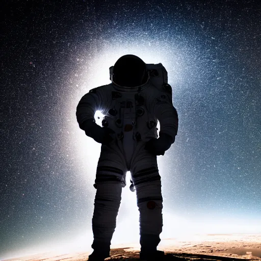 Image similar to astronaut silhouette lit from offcamera, dark background, lit from below, full body photo,, 8 k