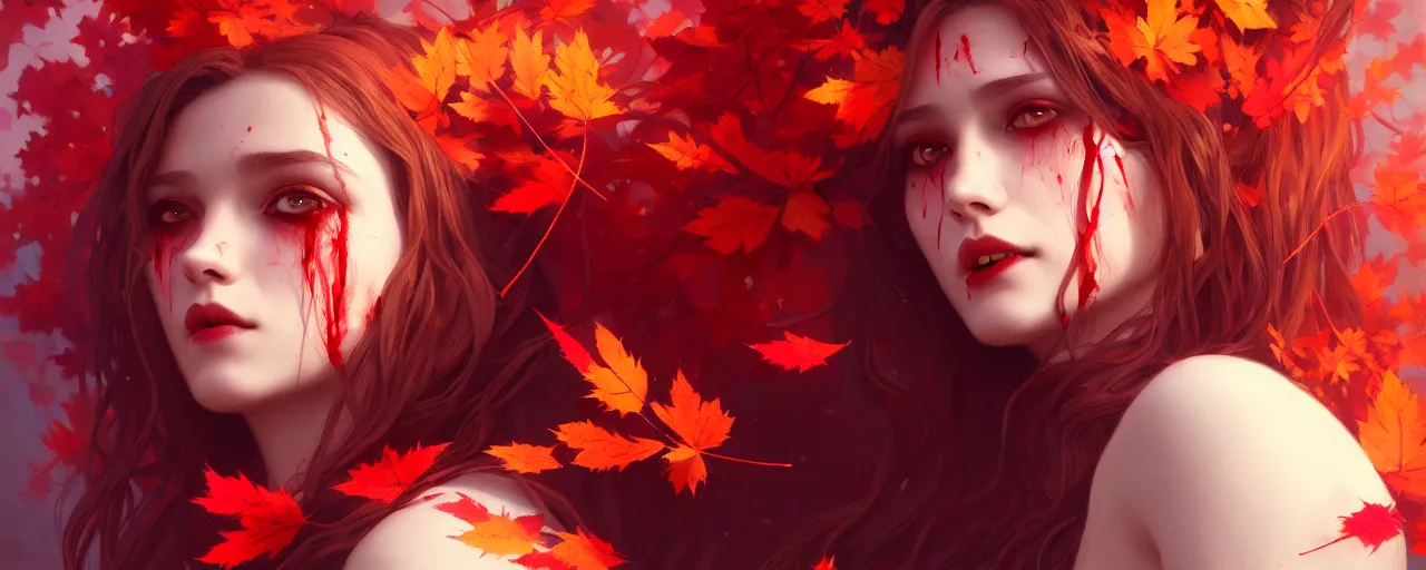 Image similar to girl with with hair becoming autumn red leaves trees, vampires with open mouth & bloody fangs, intricate, dreamy, digital painting, artstation, concept arti, unreal engine 5, 8 k, art by artgerm and greg rutkowski and alphonse mucha