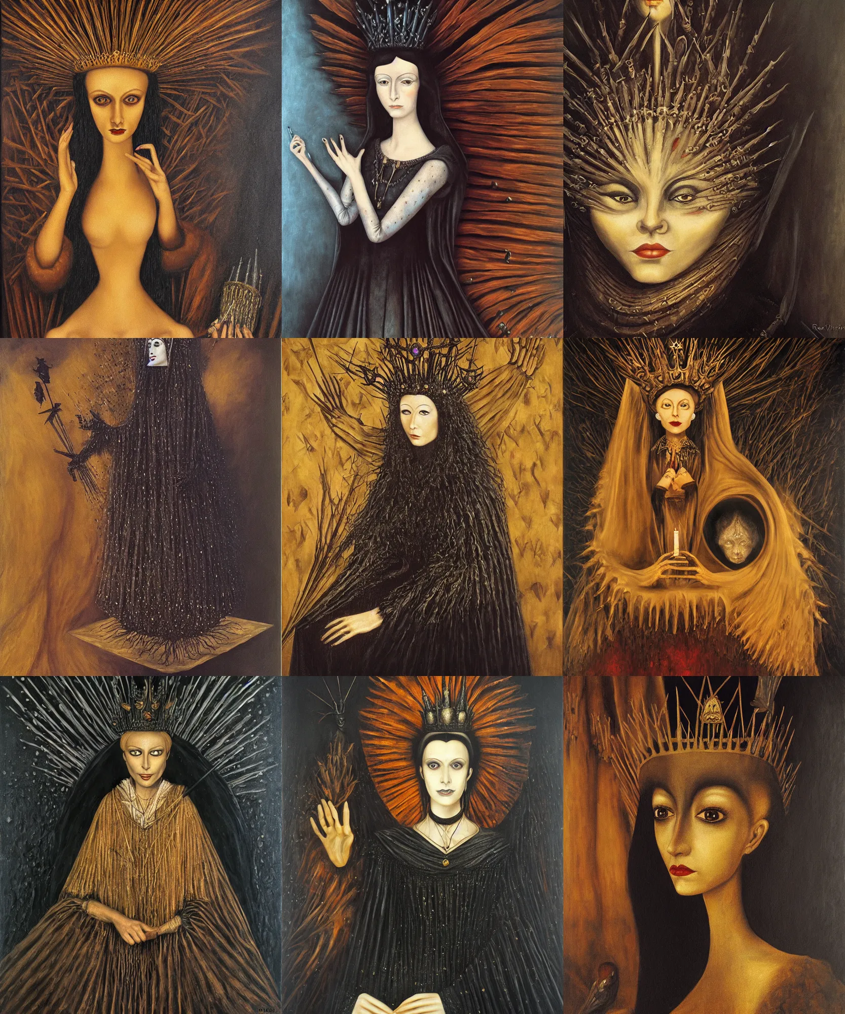 Prompt: The portrait of Lady in black wax crown by Remedios Varo, dark fantasy, witcher, very detailed oil painting, masterpiece, 8k