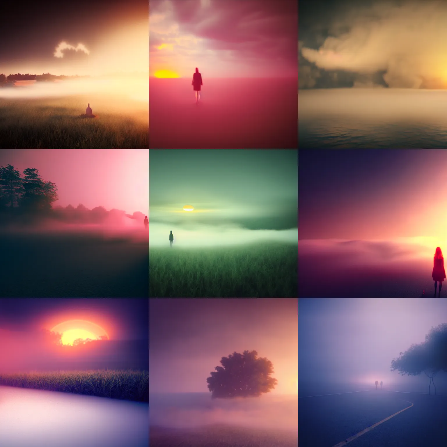 Prompt: random dramatic beautiful melancholy, octane render, dramatic fog, dream sunset