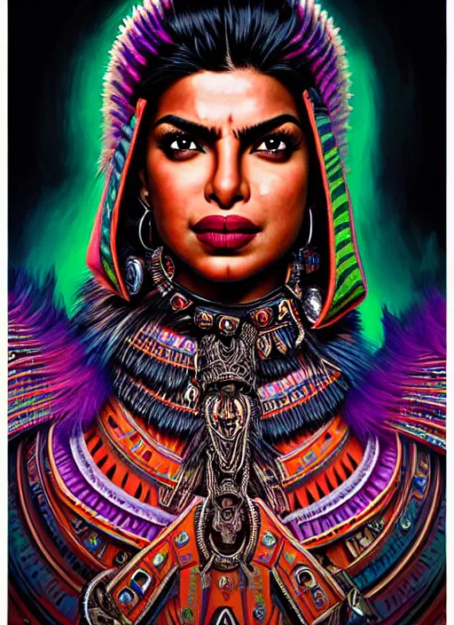 Image similar to portrait of priyanka chopra, hyper detailed ultra sharp aztec shaman warrior. trending on artstation, warpaint aesthetic, bloodwave, colorful, psychedelic, ornate, intricate, digital painting, concept art, smooth, sharp focus, illustration, art by artgerm and greg rutkowski and h. r. giger, 8 k