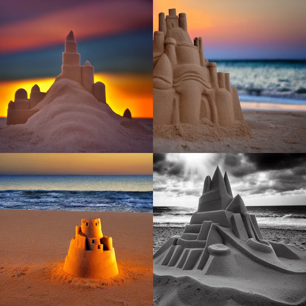 Prompt: sand castle on beach dramatic lighting