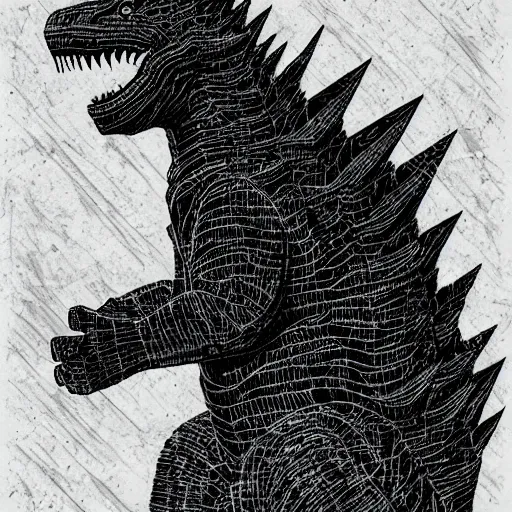 Prompt: godzilla, crosshatch, high contrast, polygonal, rays of shimmering light