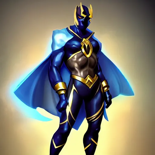 Prompt: Diamond plated superhero, league of legends character art, full body, mask, high detail, trending on artstation