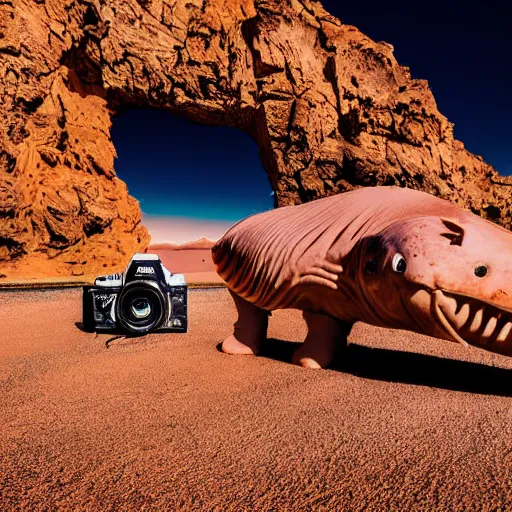 Image similar to 🐋🦖🐙 👽 🐳 in desert, photography