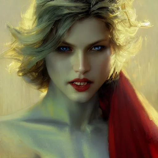 Image similar to detailed cinematic wide shot of beautiful attractive blonde vampire woman slim face symettrical face clean skin blue eyes black robe smooth, sharp focus, ultra realistic, spring light, painting by gaston bussiere, craig mullins, j. c. leyendecker