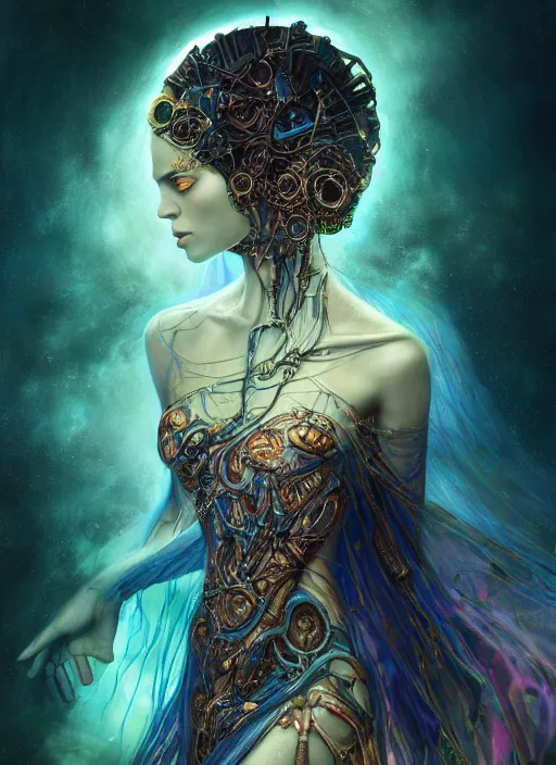 Prompt: epic portrait of menacing and agitated yet stunningly beautiful biomechanical djinn priestess of creation overseeing the iridescent fabric of the universe, by charlie bowater, mandy jurgens, gustav klimt, octane render, dramatic camera angle, 4k, 8k, high detail, HDR, by tom bagshaw, powerful, with inspiration from Beksinski, inspired by greek goddess Athena