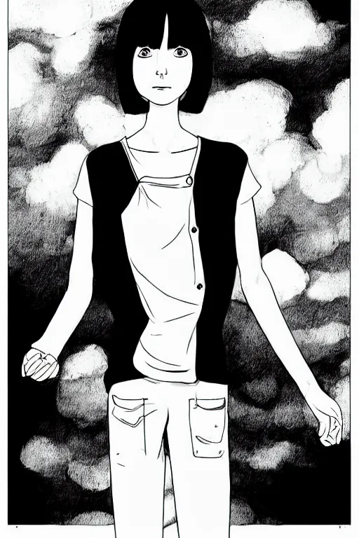 Image similar to portrait of a girl in long pants and a top, hands in pockets, eyes closed, bob haircut, digital art, black and white, lineart by junji ito