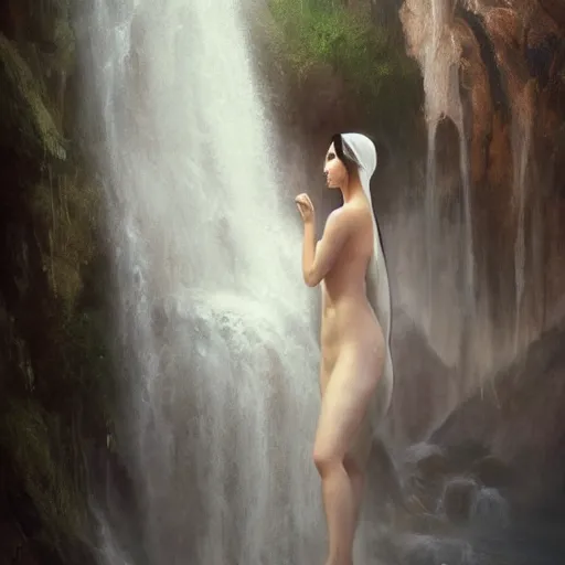 Prompt: beautiful Arab woman, white transparent veil black hair, bathing in a waterfall, ethereal, emotive, fine art, water mist, mystical, Romanticism, natural light, elegant, intricate, fantasy, atmospheric lighting, cinematic, matte painting, detailed face, by Greg Rutkowski