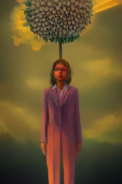 Image similar to closeup giant dahlia flower head, frontal, girl in a suit, standing in street, surreal photography, sunrise, dramatic light, impressionist painting, digital painting, artstation, simon stalenhag