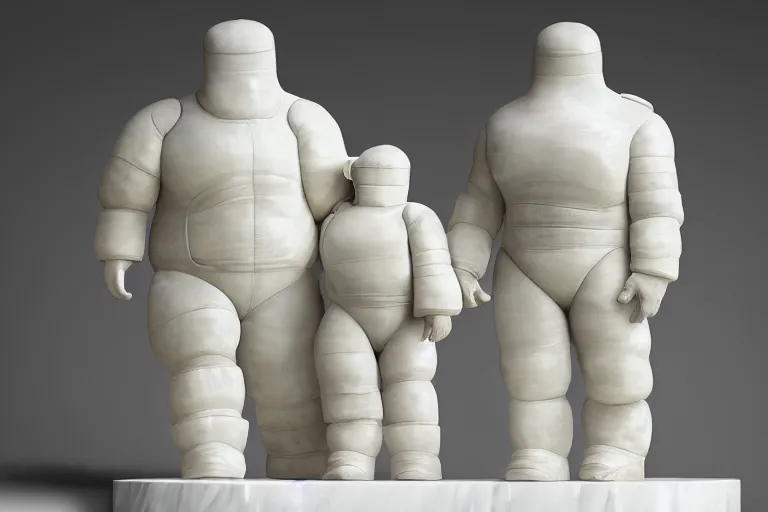 Prompt: alabaster sculpture of the Bibendum family portrait model illuminated from behind, Michelin Man family portrait, luminescence scattered light, sculpture, photograph, studio lighting, product photography, while marble, figurine, cryengine,