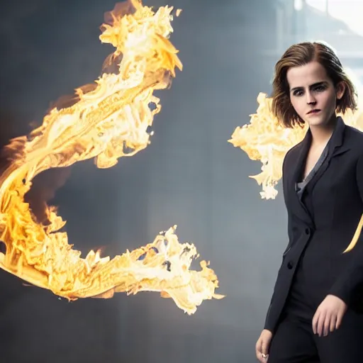 Image similar to Emma Watson in suit made of fire, 8k UHD, studio photography, high quality, high detail, stunning lighting