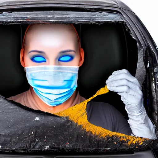 Image similar to stinking garbage bag with human face oozing goop inside car, wide angle, specular highlights, fetid atmosphere