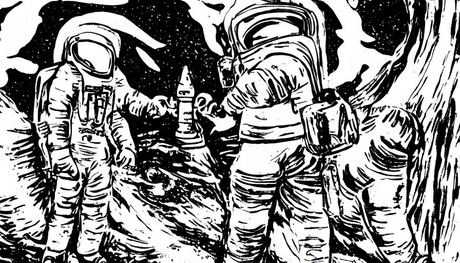 Image similar to travel to the moon with a rocket, style of graphic novel the sandmarn, black outline, on white, smooth, sharp lines, detailed