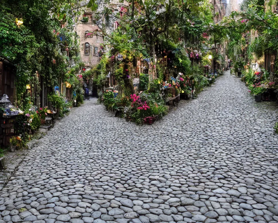 Image similar to cobblestone streets filled with fae, magical, faerie, fanciful