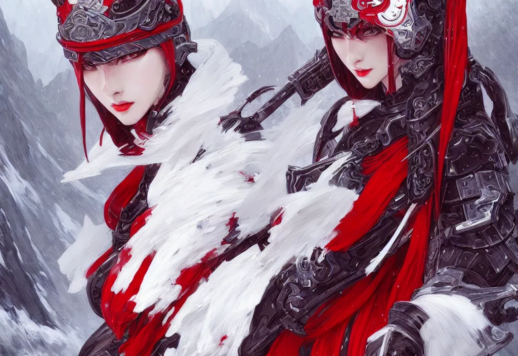 Image similar to portrait attractive ninja gaiden girl, armored white and red ninja wardrobe, at snowy fuji mountain, ssci - fi and fantasy, intricate and very very beautiful, detailed, digital painting, artstation, concept art, smooth and sharp focus, illustration, art by tian zi and wlop and alphonse mucha