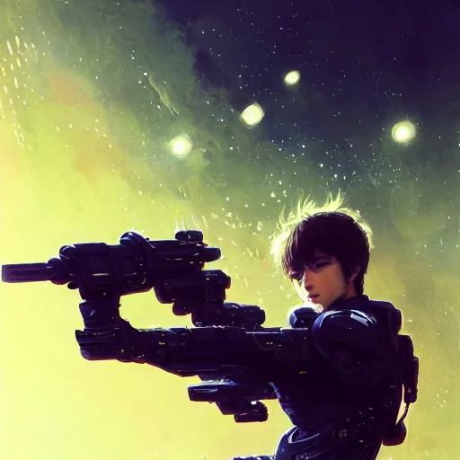 Image similar to award winning, extremely photorealistic, bokeh, beautiful detail, stars in the sky, cybernetic, sci-fi space game art, jeon Jungkook holding a gun. alien planet art by Akihito Yoshitomi AND Yoji Shinkawa AND Greg Rutkowski, Mark Arian trending on artstation