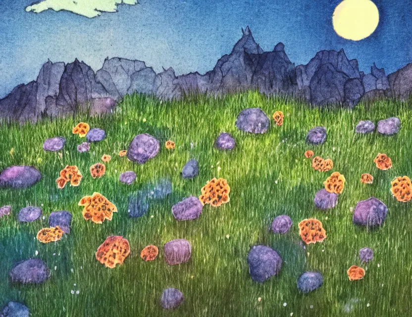 Prompt: dusk at the alpine meadow. color ink wash by beloved children's book illustrator, chiaroscuro, bokeh, backlighting, intricate details