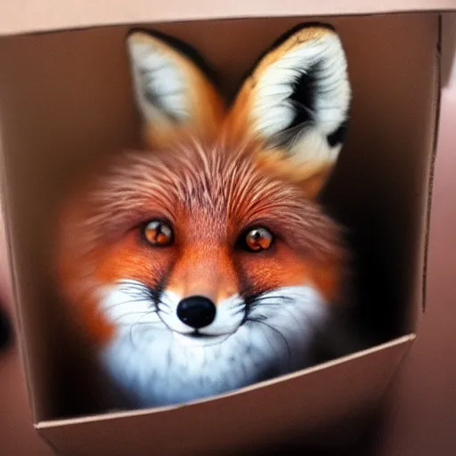 Prompt: a fox hiding inside a box