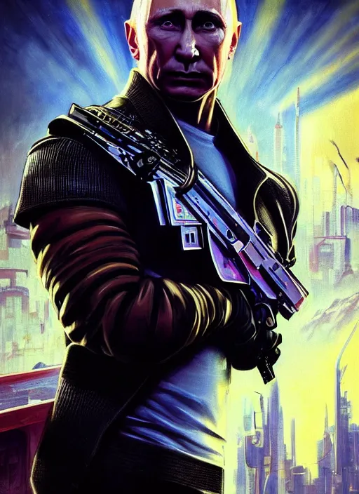 Prompt: portrait of Vladimir Putin as a character in arabian Cyberpunk 2077, looking at camera, intricate, dystopian, sci-fi, extremely detailed, digital painting, artstation, concept art, smooth, sharp focus, illustration, intimidating lighting, incredible art by artgerm and greg rutkowski and alphonse mucha and simon stalenhag