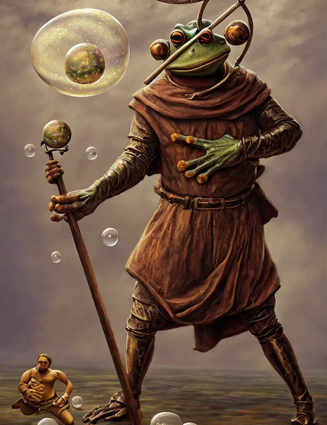 Image similar to anthropomorphic bipedal frog that is dressed as a renaissance fighter, and holding a giant flail, as a matte oil painting and d & d character art, by alex grey, standing, fullbody, floating bubbles, mystic, fog, fractals, spirals, concept art, award - winning, extremely detailed, sharp focus