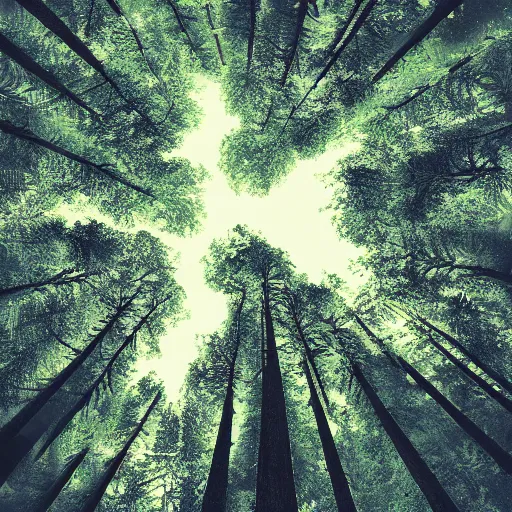 Prompt: Tall strong trees forming a canopy in a forest ,bright lighting , digital art , highly detailed , high contrast, beautiful lighting, award winning , trending on art station, 8k, photo realistic