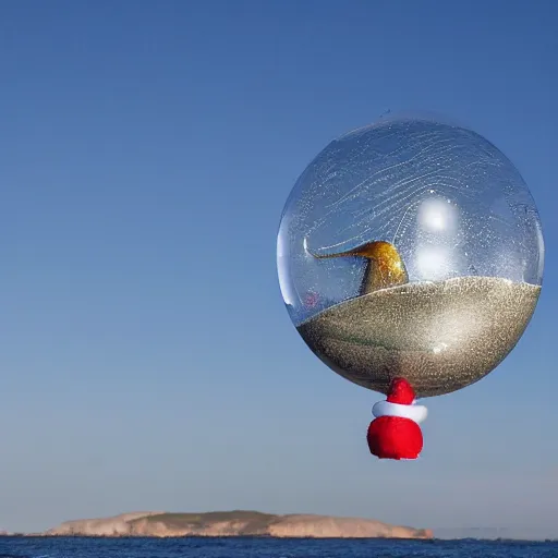 Image similar to a fish floating away from the sea tied to a ballon