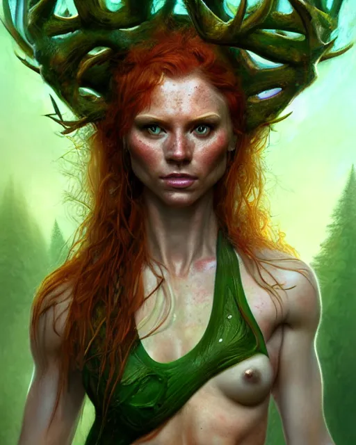 Image similar to muscular female druid, perfect face, thin antlers, green halter top, ginger hair, abs, cinematic, freckles, stunning, athletic, strong, agile, highly detailed, psychedelic, digital painting, artstation, smooth, hard focus, illustration, art by jessica rossier and and brian froud