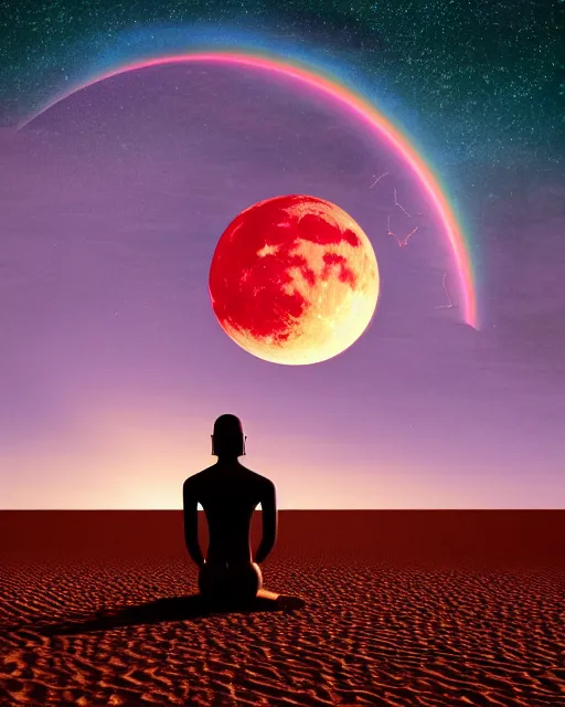 Image similar to the most beautiful sunset, giant pink full moon, a sky full of stars aticama desert chile, a buddha with a golden dorje above his head, coherent design, symmetrical, concept art, vivid color, complementary color, golden ratio, detailed, sharp lines, intricate, rainbowshift, by mc escher, octane render