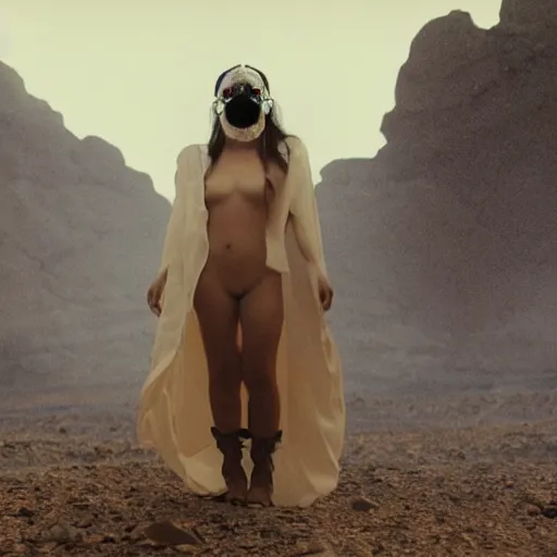 Image similar to The full body shot of beautiful pale woman with white flowers and full-face golden occult mask and glowing eyes in a rocky desert landscape, multiple eyes, thick smoke and fire around her, volumetric lighting, occult atmosphere, by Denis Villeneuve, Lubezki, Gaspar Noe and Alejandro Jodorowsky, anamorphic lens, anamorphic lens flares, kodakchrome, cinematic composition, practical effects, award winning photo, 8k, detailed 85mm f/1.4