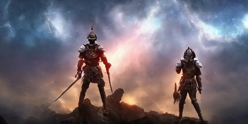 Prompt: beautiful cinematic artwork from close up behind a warrior standing on the battlefield looking up at the sky, battle around him, the sky has rift to the cosmos, by greg rutowski, masterpiece, 4k