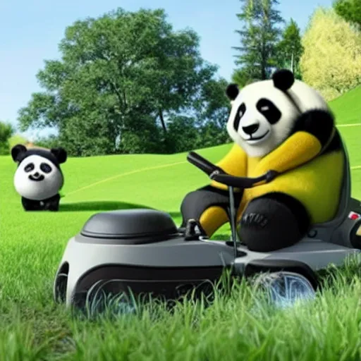 Prompt: a panda is mowing the lawn with a mowing machine, pixar