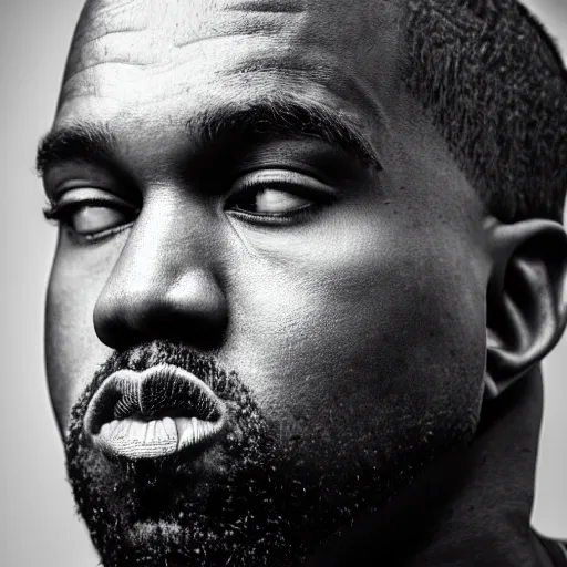 Image similar to the face of young kanye west wearing yeezy clothing at 3 3 years old, black and white portrait by julia cameron, chiaroscuro lighting, shallow depth of field, 8 0 mm, f 1. 8