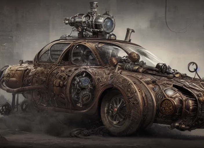 Prompt: detailed concept art illustration oil painting of a steampunk muscle car in full intricate detail, ultra detailed, digital art, octane render, 4K, dystopian, micro details