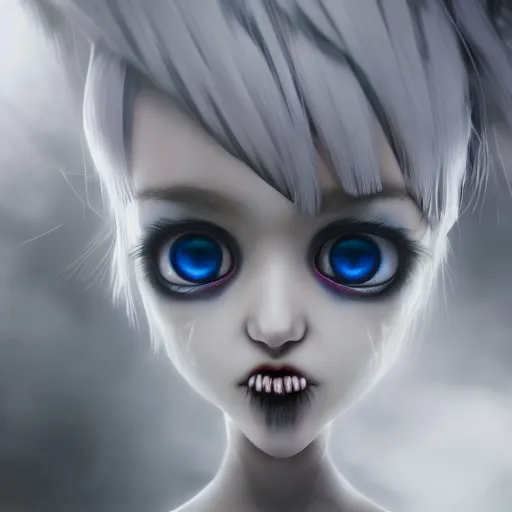 Prompt: photorealistic full shot portrait of kawaii angry darkness vampire anime girl, worrying eyes, inspired by Tim Burton, detailed, unreal engine 4k volumetric light, fog,