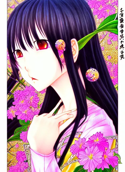 Image similar to exquisite imaginative manga portrait art of keqing from genshin impact, flowers, pearlescent, shimmering, reflective, rim light, detailed background,, art nouveau, illustration, pivix, concept art, highly detailed, colorful, maximalist