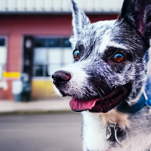 Image similar to blue heeler dog on a motorcycle, 8 k photography, blurred background of a wafflehouse