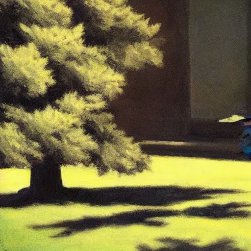 Prompt: shadow monster hiding behind a tree, in the style of a Edward Hopper painting, eerie,