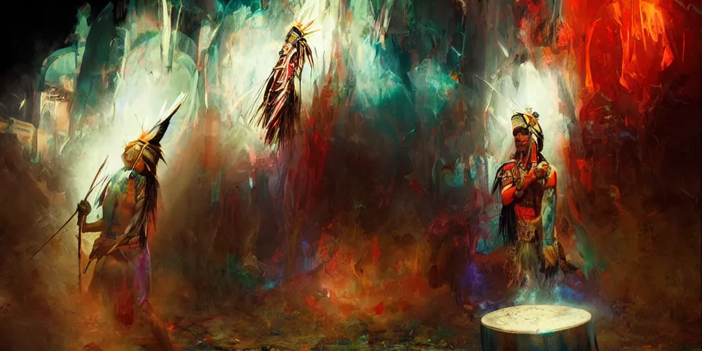 Image similar to of Native American shaman drumming by Liam Wong and Boris Vallejo